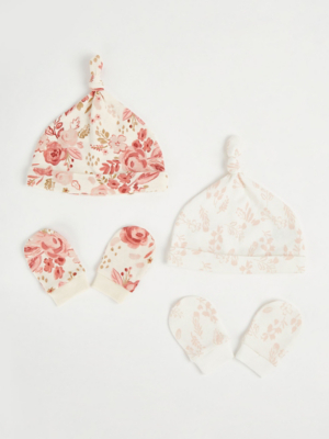 Asda Baby Hat And Scratch Mittens Pink Floral Hat And Scratch