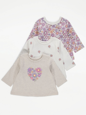 Lilac Retro Floral Long Sleeve Tops 3 Pack Baby at ASDA