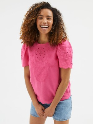 Bright Pink Embroidered Linen Blend TShirt Women at ASDA