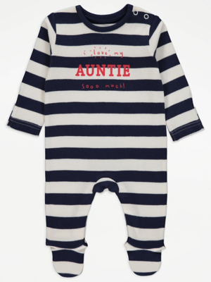 Navy Striped I Love My Auntie Sleepsuit Baby at ASDA