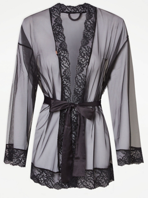 Entice Black Lace Trim Mesh Dressing Gown Lingerie at ASDA
