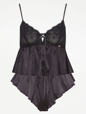 Entice Black Satin Pyjama Cami Top and Frilly Knickers Set Lingerie