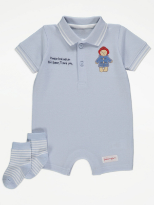 Paddington Bear Blue Polo Romper and Socks Outfit