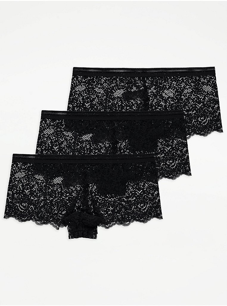 Black Lace Short Knickers 3 Pack, Lingerie