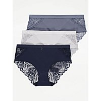 Ribbed Lace Trim Midi Knickers 3 Pack, Lingerie