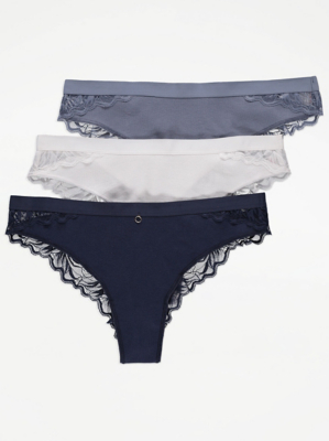Ribbed Lace Trim Brazilian Knickers 3 Pack Lingerie at ASDA