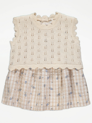 Neutral Gingham Dress and Knitted Vest Outfit Baby at ASDA