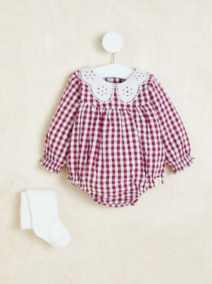 Billie Faiers Burgundy Checked Collared Romper and Tights Outfit Baby