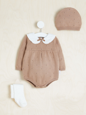 Billie Faiers Tan Pointelle Knit Bib Romper 3 Piece Outfit Baby