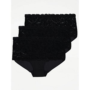 Black Lace Trim High Leg Knickers 3 Pack, Lingerie