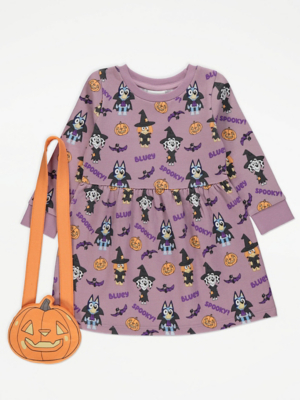 Bluey Lilac Spooky Print Halloween Dress and Bag Kids George