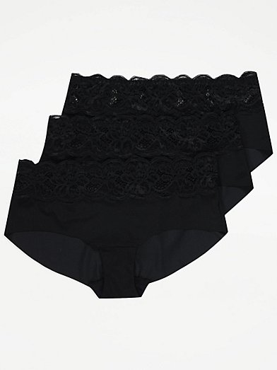 Black Lace Trim Comfort Full Brief Knickers 3 Pack, Lingerie