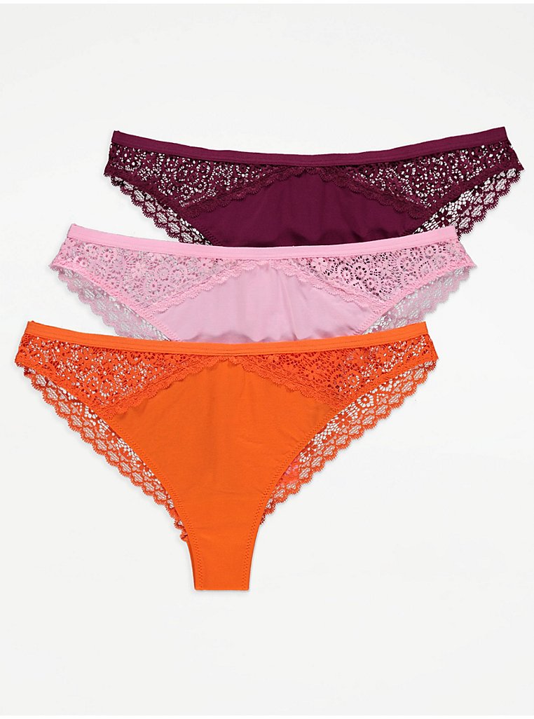 Bright Lace Back High Waisted Brazilian Knickers 3 Pack, Lingerie
