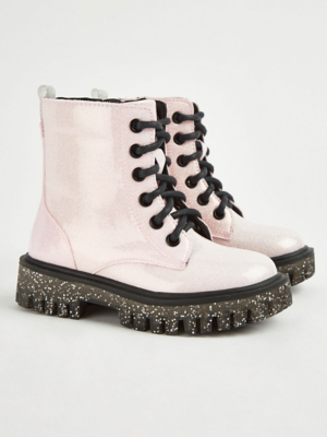 Pink Glitter Lace Up Boots Kids at ASDA