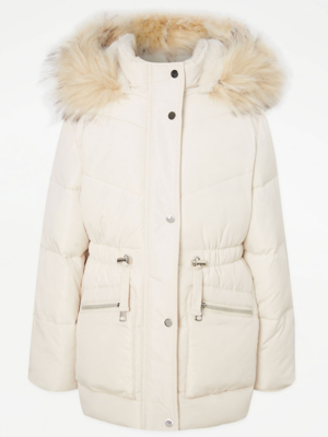Cream Faux Fur Trim Parka Coat Kids at ASDA