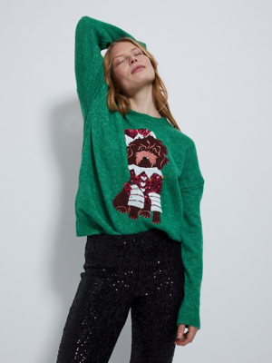 Green Dog Sequin Christmas Jumper Women at ASDA