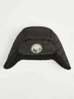 Black Padded Slogan Trapper Hat Kids at ASDA
