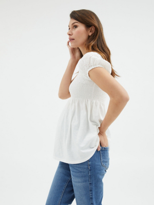 Maternity White Shirred Embroidered Top Women at ASDA