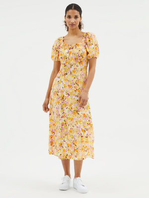 Yellow Floral Print Button Up Midi Dress Women at ASDA