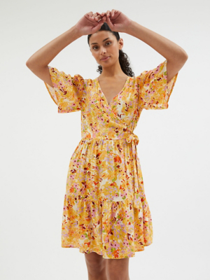 Orange Floral Wrap Front Mini Dress Women at ASDA