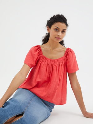 Red Shirred Short Sleeve Top Women at ASDA