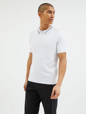 White Knitted Stripe Collar Zip Polo Top Men at ASDA