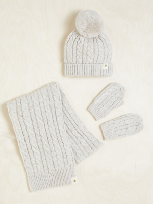 Billie Faiers Neutral Knitted Pom Pom Hat Scarf and Mittens Set Kids