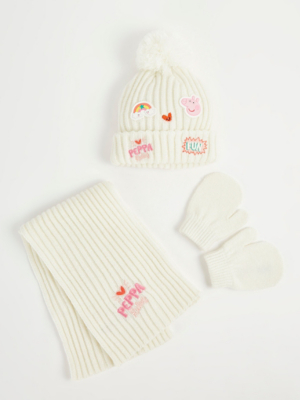 Peppa Pig Cream Bobble Hat Scarf and Gloves Set Kids at ASDA