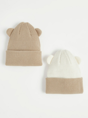 Brown Ribbed Bear Hats 2 Pack Baby at ASDA