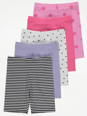 Spot and Stripe Cycling Shorts 5 Pack Kids at ASDA
