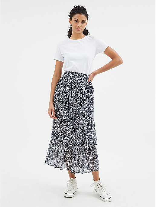 Navy Patterned Ruffle Midi Skirt | Women | George at ASDA