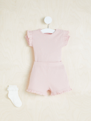 Billie Faiers Pink Ribbed Frilly Bodysuit Shorts and Socks Outfit