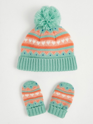 Green Fairisle Bobble Hat and Mittens Set Baby at ASDA