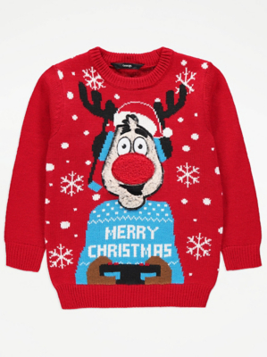 Red Furry Rudolph Matching Christmas Jumpers at ASDA