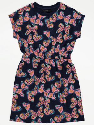 Navy Butterfly Print Ruched Waist Dress