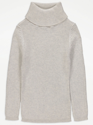 Grey Ribbed Roll Neck Jumper