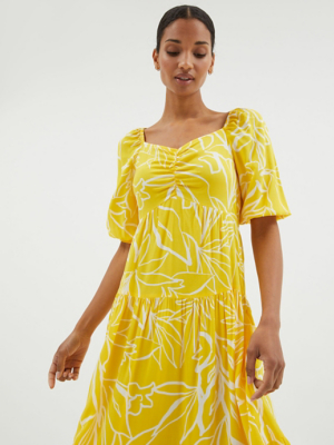 Yellow Floral Ruched Front Tiered Midi Dress | Women | George at ASDA