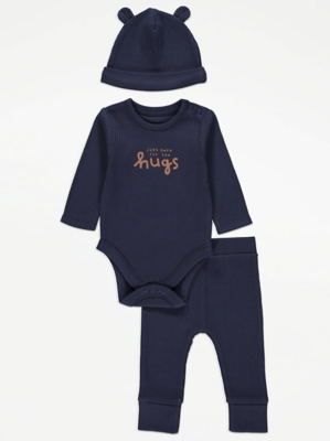 Navy Ribbed Long Sleeve Bodysuit Leggings and Hat Outfit Baby