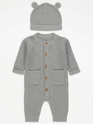 Grey Knitted All In One and Hat Set Baby at ASDA