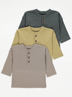 Ribbed Button Up Long Sleeve Tops 3 Pack Baby at ASDA