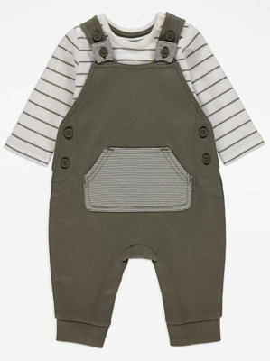 Khaki Dungarees and Striped Bodysuit Outfit Baby at ASDA