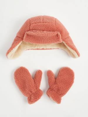 Pink Trapper Hat and Gloves Set Kids at ASDA