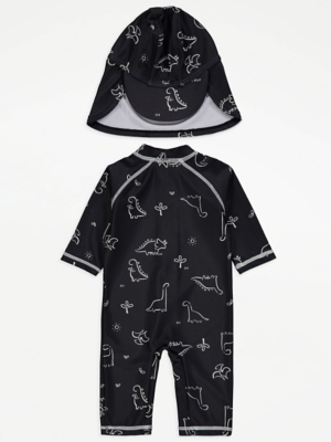 Black Dinosaur All In One Swimsuit and Keppi Hat