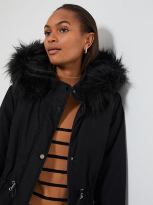 Black Faux Fur Trim Parka Coat Women at ASDA