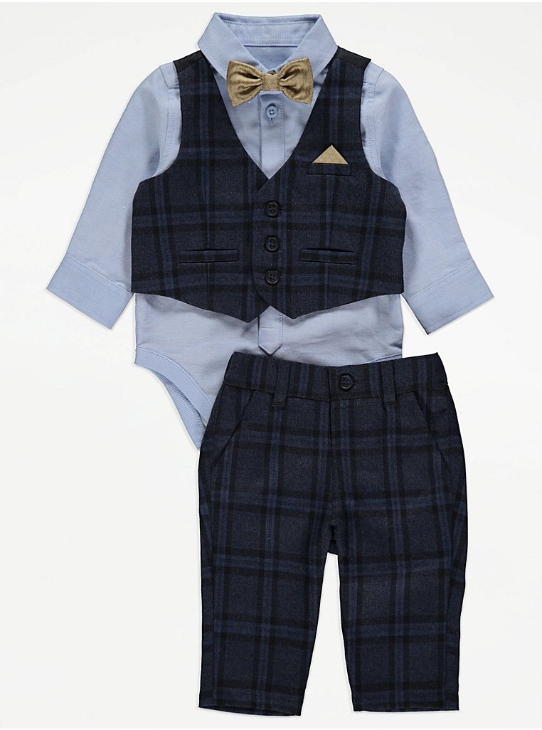Blue Bodysuit Trousers Waistcoat and Bow Tie Set | Baby | George at ASDA