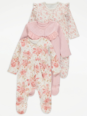 Pink Floral Frill Sleepsuit Pack Baby George at ASDA