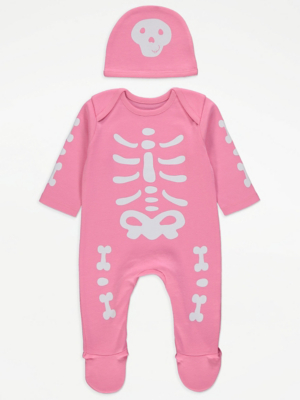 Halloween Pink Skeleton Sleepsuit and Hat Set Baby at ASDA