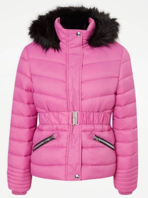 Pink Belted Padded Coat Kids at ASDA