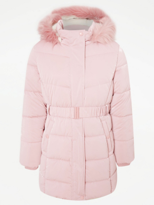 Pink Shiny Padded Longline Coat Kids at ASDA