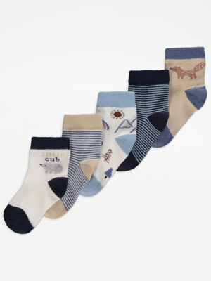 Woodland Animal New Born Socks 5 Pack Baby at ASDA
